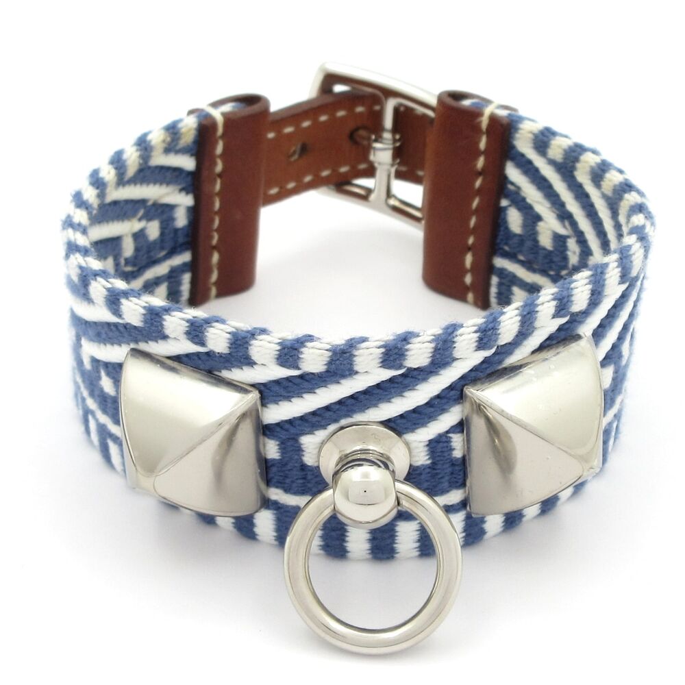 Hermès Rivalkaval Bracelet Blue White Brown Canvas Leather Hardware